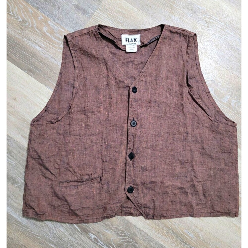 Vintage Flax Linen Button Vest Lagenlook Brown Copper Minimalist Natural Fiber